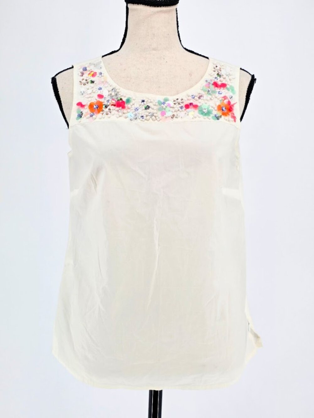 Talbots NWT Cream Embellished Sequin Beaded Floral Tank Shell Top Size 2P Petite